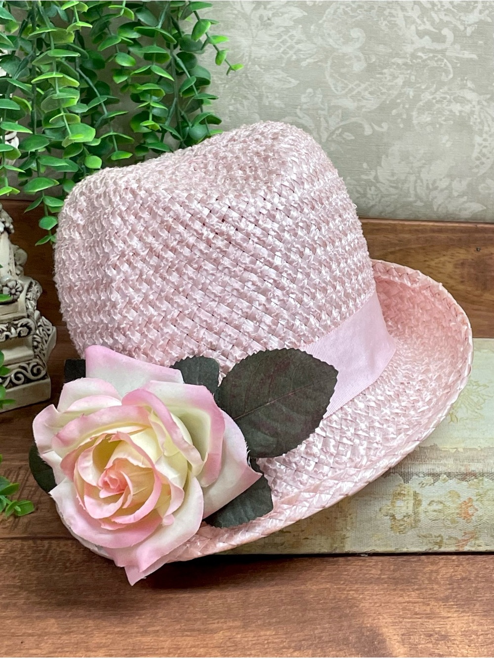 Vintage 1950s Pink Cello Straw Fedora Hat Floral Rose Union Made USA